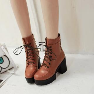 Pastel Pairs Faux Leather Platform Block Heel Lace Up Boots