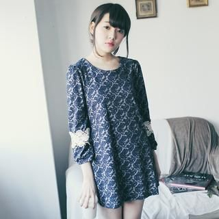 Tokyo Fashion Lace-Panel 3/4-Sleeve Jacquard Dress