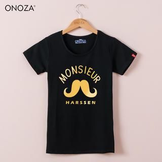 Onoza Short-Sleeve Moustache-Print Lettering T-Shirt