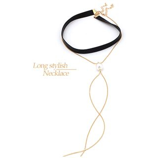 Miss21 Korea Set: Faux-Leather Choker + Faux-Pearl Chain Necklace