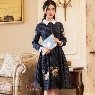 GU ZHI Long-Sleeve Contrast-Trim Embroidered Striped Dress