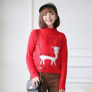 SUYISODA Mock Neck Deer Embroidered Sweater