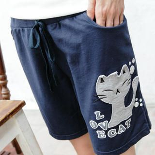 RingBear Drawstring-Waist Cat-Print Sweat Shorts