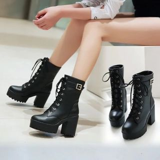 Shoes Galore Platform Block Heel Lace Up Short Boots