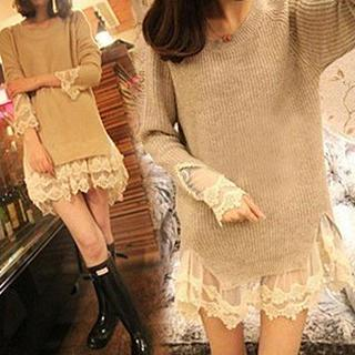 Bubbleknot Lace-Trim Sweater Dress