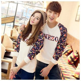 Azure Matching Couple Floral Print Panel Pullover