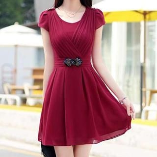 Romantica Short-Sleeve Pleated Embellished Dress