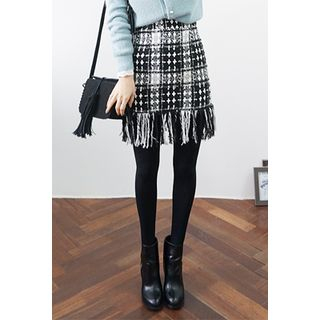 OZNARA Fringe-Hem Tweed Mini Skirt