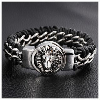 Carobell Lion Accent Braided Genuine Leather Bracelet
