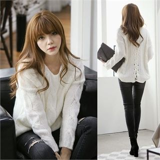 One's Ozzang Lace-Up Back Cable-Knit Top