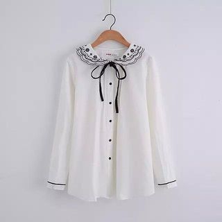 Aigan Long-Sleeve Tie-Neck Embroidered Blouse