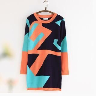 11.STREET Geometry Contrast Long-Sleeve Knit Dress