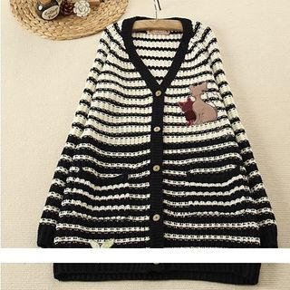 Mellow Fellow Cat Embroidered Striped Cardigan
