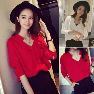 QZ Lady Split-Neck Long-Sleeved Blouse