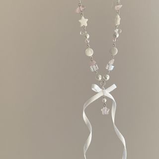 Bowknot Beaded Necklace Light Pink & White - One Size