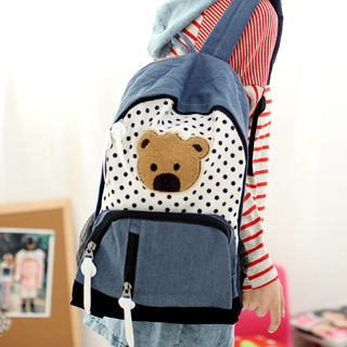 Polka Dot Denim Backpack with Bear Appliqu  Blue - One Size