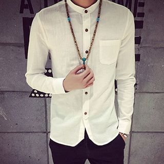 maxhomme Stand-collar Linen Long-Sleeve Shirt