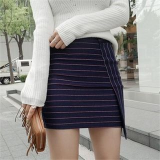 LIPHOP Zip-Back Striped Mini Pencil Skirt