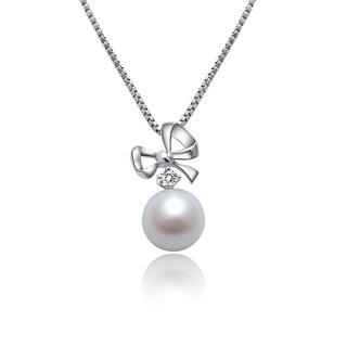 MaBelle Precious Love 18K/750 White Gold Bow Diamond/ Pearl Pendant (Free 18K/750 White Gold Necklace 16