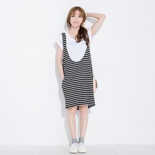 CatWorld Set: Pocket Horizontal Striped Slip Dress + Plain T-Shirt