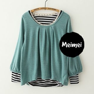Meimei Set: Pleated Knit Top + Stripe T-shirt
