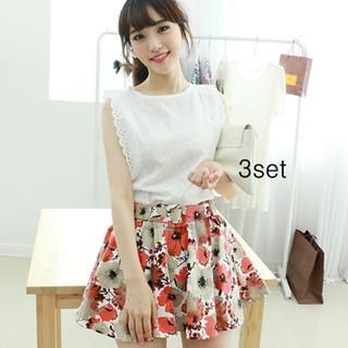Dodostyle Set: Eyelet Lace Sleeveless Top + Floral Patterned A-Line Skirt + Belt
