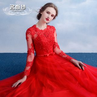 MSSBridal Long-Sleeve Lace Embroidered Evening Gown