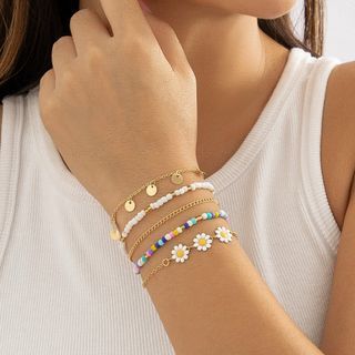 Set of 4: Flower / Bead / Alloy Bracelet (various designs) 3630 - Set of 4 Pcs - Gold - One Size