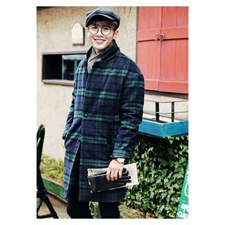 HOTBOOM Single-Breasted Check Wool Blend Coat