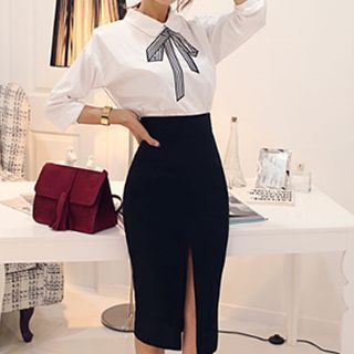 Fashion Street Bow Embroidered Long-Sleeve Blouse