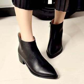 JY Shoes Genuine Leather Pointy Block Heel Ankle Boots