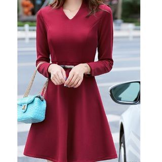 Camellia Long-Sleeve A-Line Knit Dress