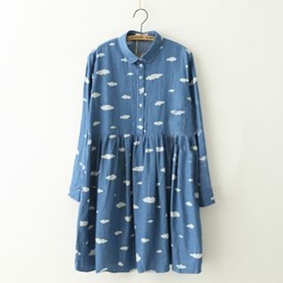 Meimei Cloud Printed Long-Sleeve Denim Dress