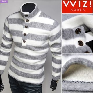 WIZIKOREA Button-Front Striped Fleece Top