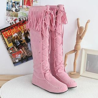 Pastel Pairs Fringed Lace-Up Tall Boots