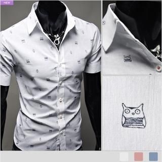 WIZIKOREA Owl-Pattern Oxford Shirt