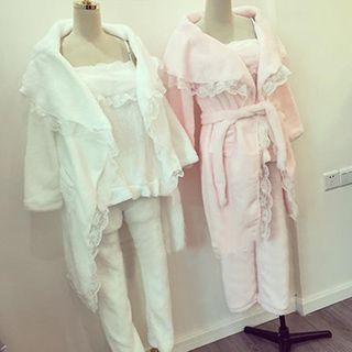 Phyllis Loungewear Set: Lace Trim Coral Fleece Top + Pants + Robe