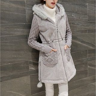 ZCY Knit-Panel Hooded Zip Furry Coat