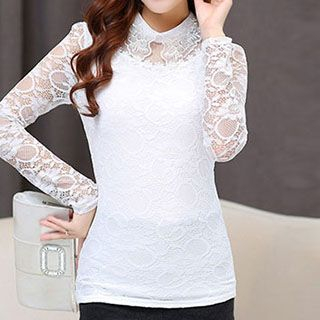 Fashion Street Lace Panel Collared Top