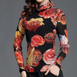 Sayumi Floral Print Turtleneck Lace Panel Top