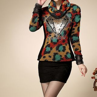 Sayumi Printed Fleece-lined Lace Top with Scarf