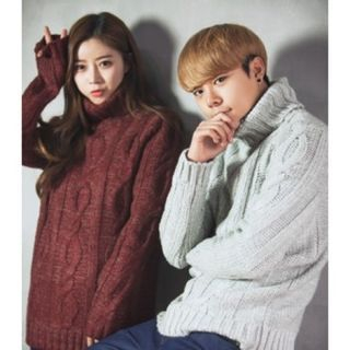 ABOKI Couple Turtle-Neck Cable-Knit Sweater