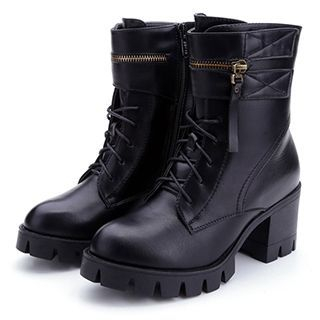 DUSTO Block Heel Lace Up Mid-calf Boots