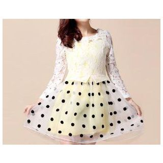 Strawberry Flower Long Sleeved Lace Panel Dotted Mock Two-piece Dress