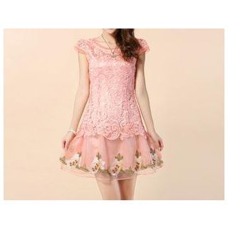 Strawberry Flower Cap Sleeved Embroidered Lace Dress