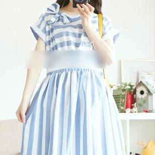 Blu Pixie Bow-accent Short Sleeved Striped Dress