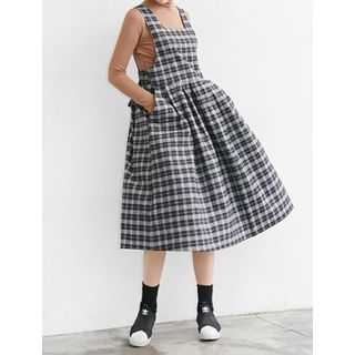 FROMBEGINNING Tie-Waist Check Midi Jumper Dress