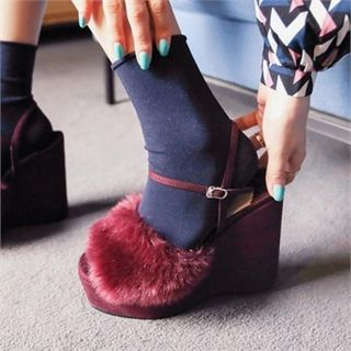 QNIGIRLS Faux-Fur Trim Platform Sandals