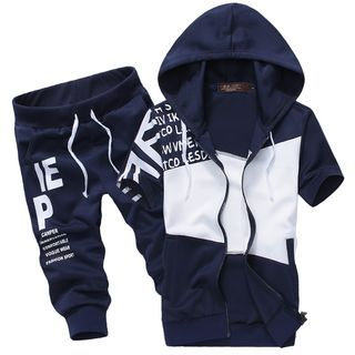 Bay Go Mall Set: Short-Sleeve Hooded Zip Jacket + Sweatpants