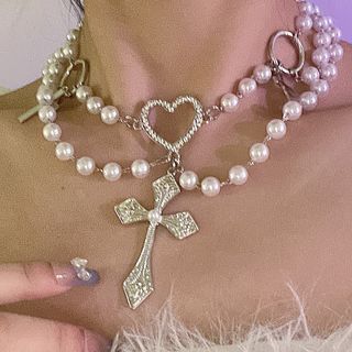 Cross Pendant Faux Pearl Layered Alloy Choker Faux Pearl - Silver - One Size